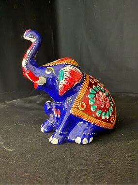 Meenakari Royal Blue Elephant Sitting Hand-Enameled in Metal Home Decor